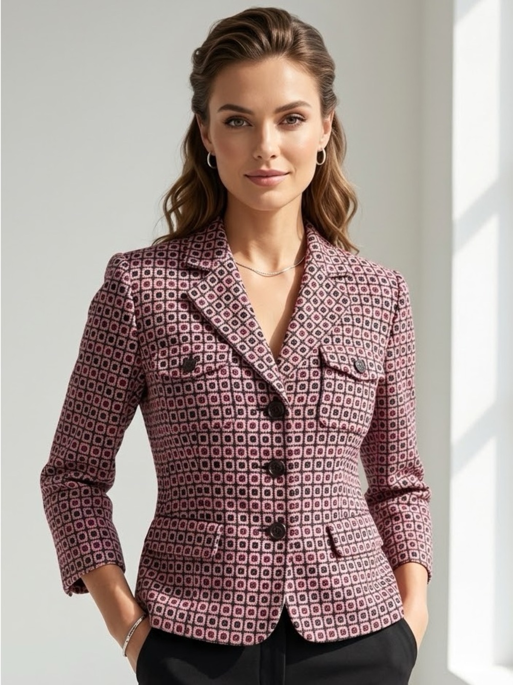 Worthington Petite 12P Pink Black Geo Print Button Blazer Jacket Textured